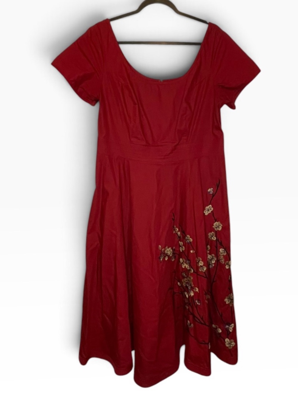 eShakti Red Cherry Blossom Embroidered Scoop Neck Midi Dress Size 1X / 16W